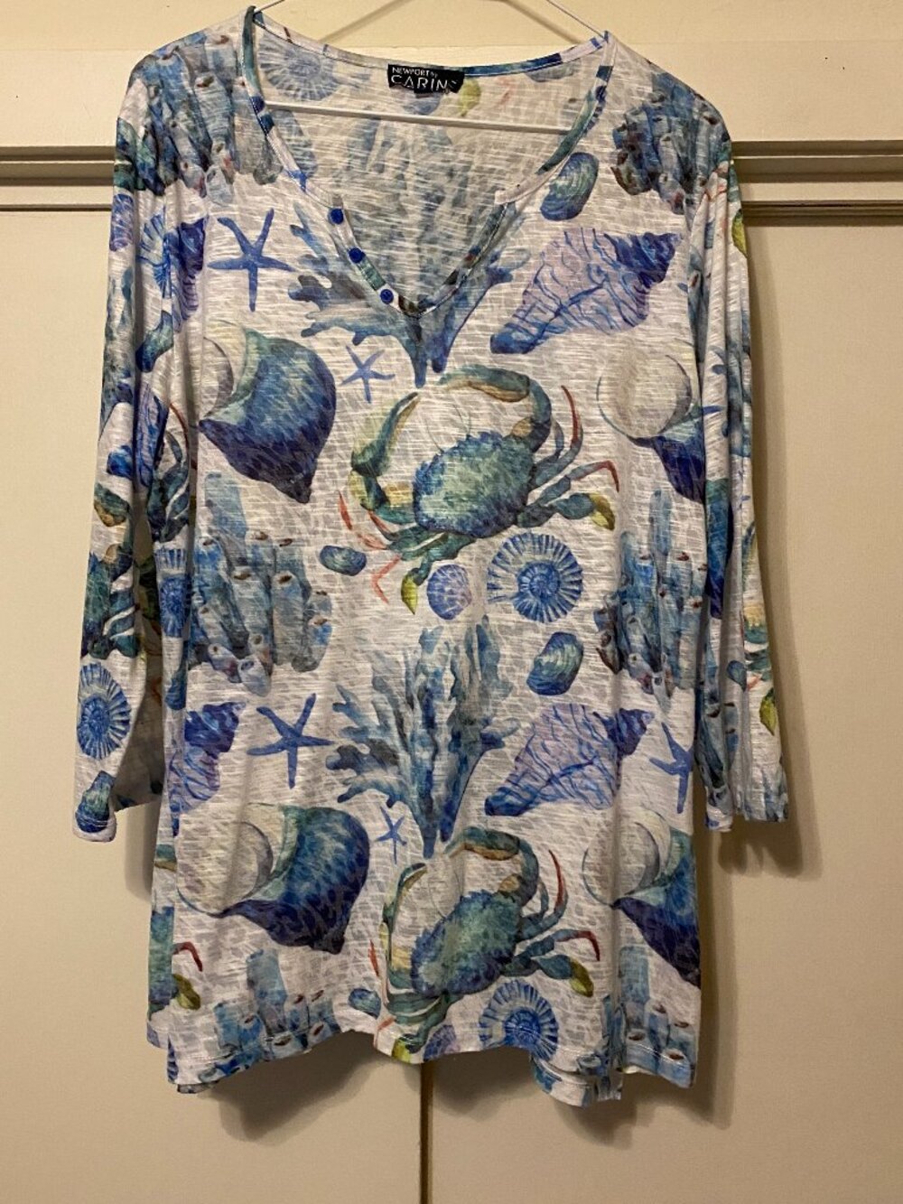 Newport by Caring, 3/4 length sleeve, gray tunic w/blue sea creatures, size L